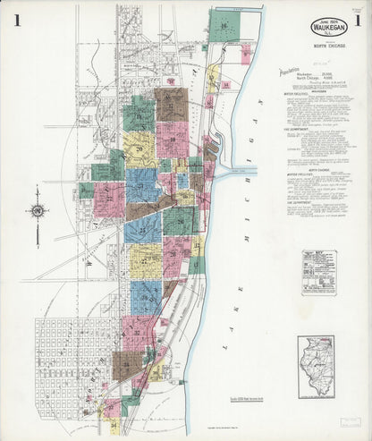 Sanborn Fire Insurance Map from Waukegan, Lake County, Illinois (1924), Sheet #0001 - Historic Sanborn Fire Insurance Map Print, vintage old map wall art, antique decor, genealogy gift, Illinois Illinois map