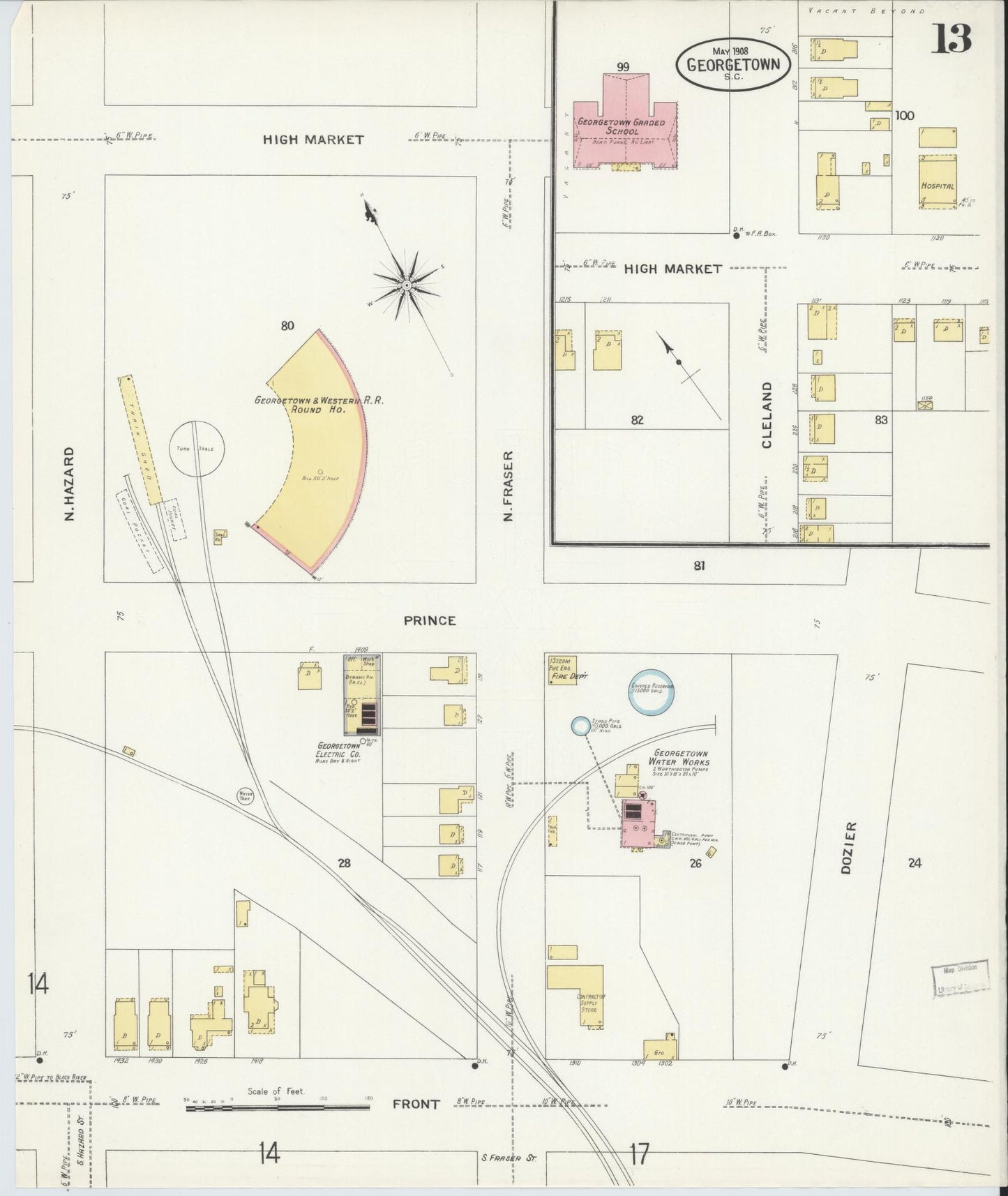 Sanborn Fire Insurance Map from Georgetown, Georgetown County, South Carolina (1908), Sheet #0013 - Complete Map Set gallery image, historic Sanborn map, vintage wall art, South Carolina South Carolina