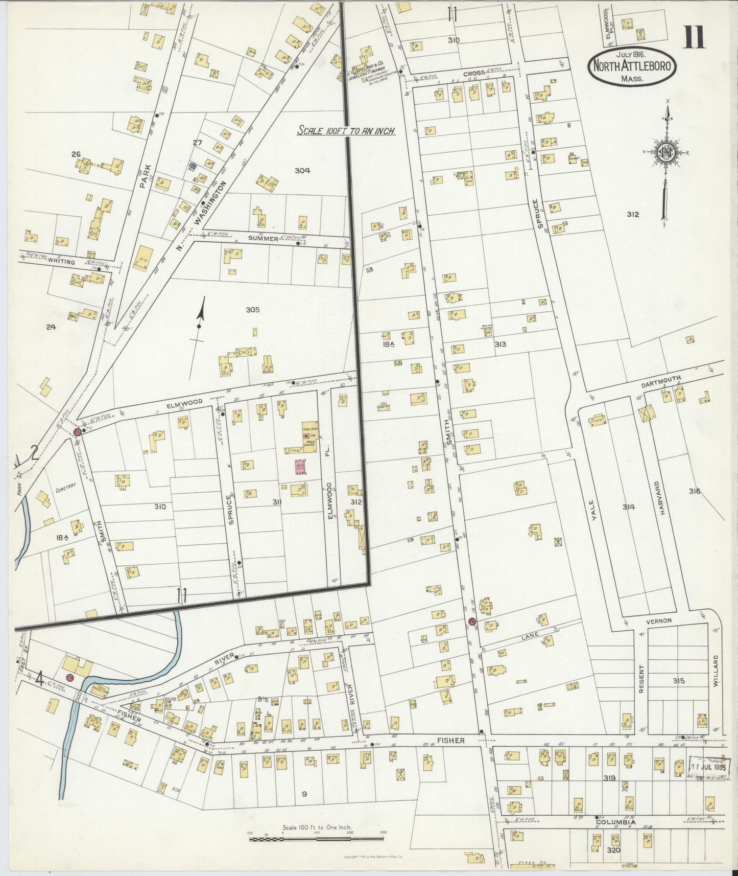 Sanborn Fire Insurance Map from North Attleborough, Bristol County, Massachusetts (1916), Sheet #0011 - Complete Map Set gallery image, historic Sanborn map, vintage wall art, Massachusetts Massachusetts