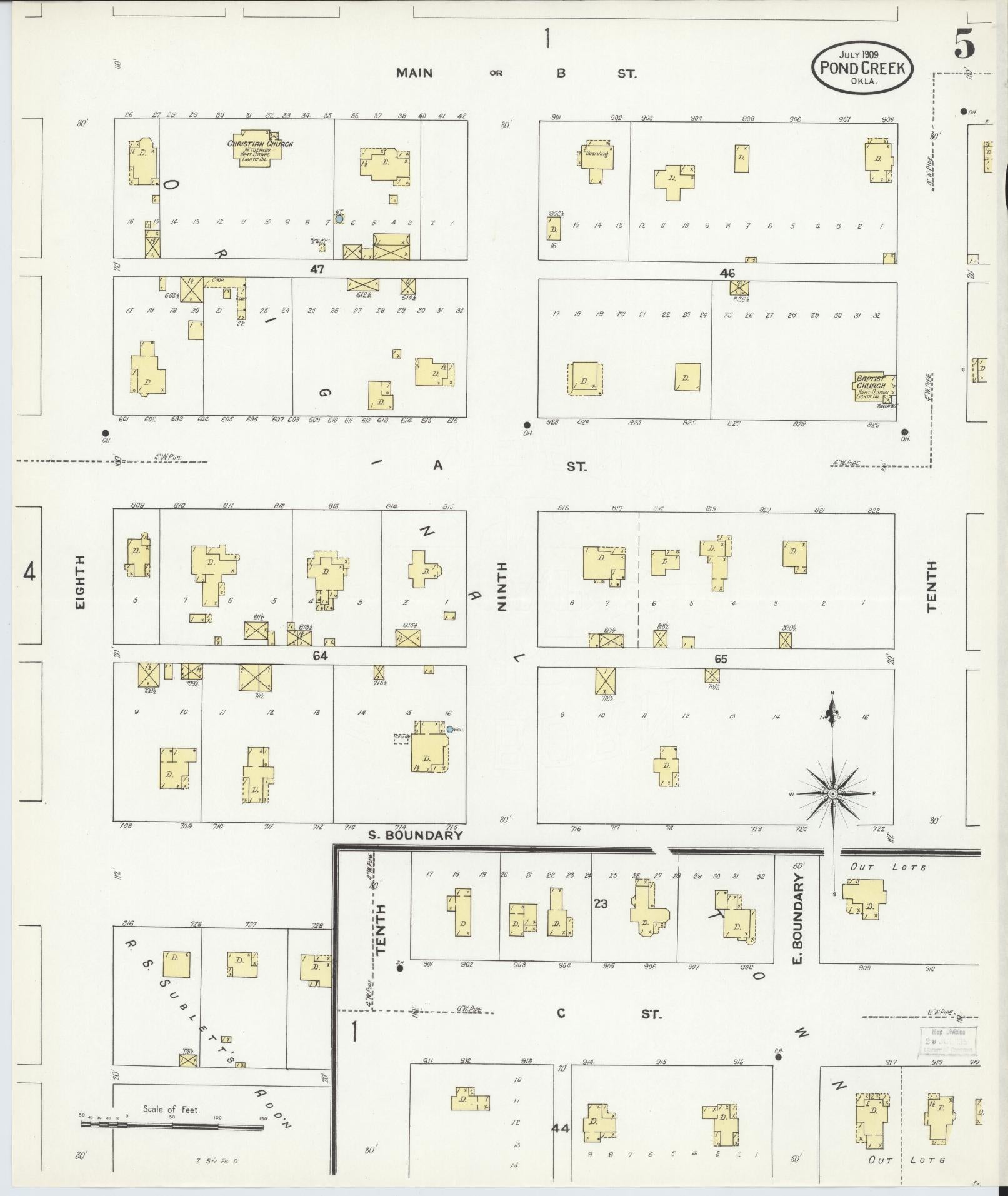 Sanborn Fire Insurance Map from Pond Creek, Grant County, Oklahoma (1909), Sheet #0005 - Historic Sanborn Fire Insurance Map Print, vintage old map wall art, antique decor, genealogy gift, Oklahoma Oklahoma map