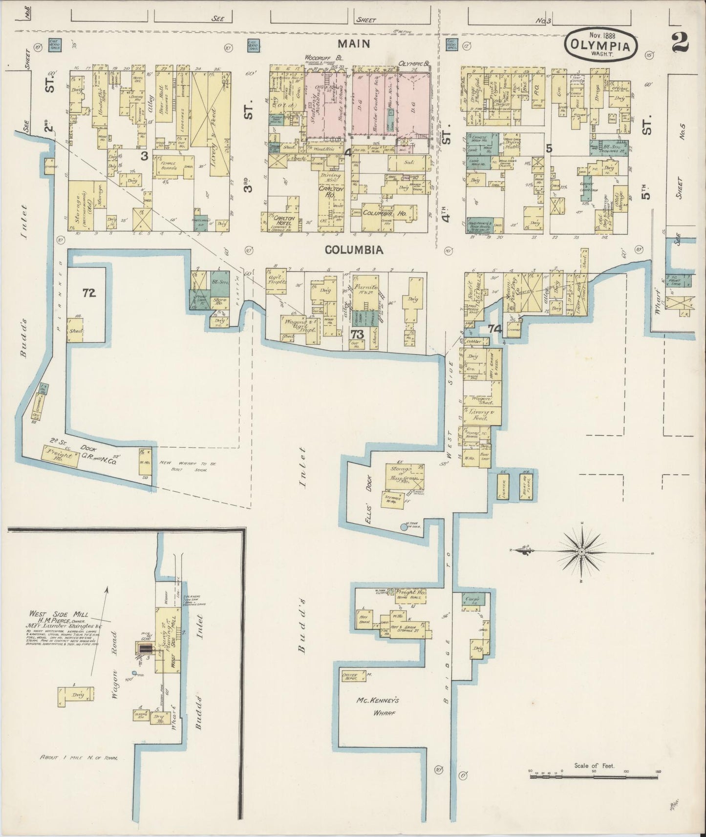 Sanborn Fire Insurance Map from Olympia, Thurston County, Washington (1888), Sheet #0002 - Complete Map Set gallery image, historic Sanborn map, vintage wall art, Washington Washington