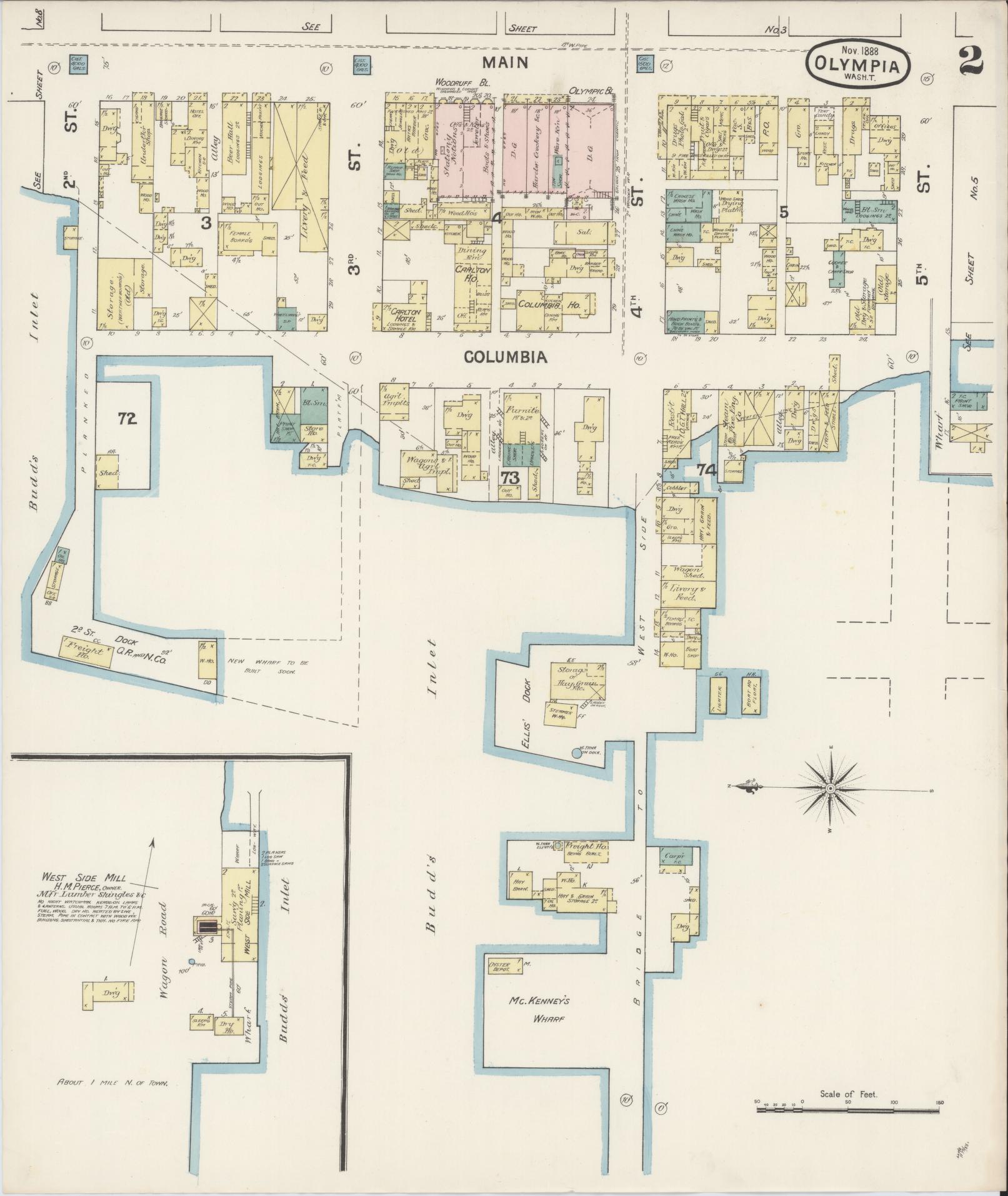 Sanborn Fire Insurance Map from Olympia, Thurston County, Washington (1888), Sheet #0002 - Complete Map Set gallery image, historic Sanborn map, vintage wall art, Washington Washington