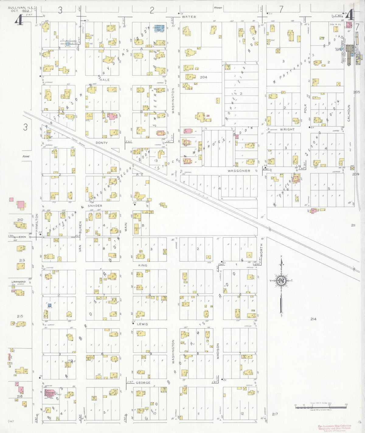 Sanborn Fire Insurance Map from Sullivan, Moultrie County, Illinois (1932), Sheet #0004 - Historic Sanborn Fire Insurance Map Print, vintage old map wall art, antique decor, genealogy gift, Illinois Illinois map