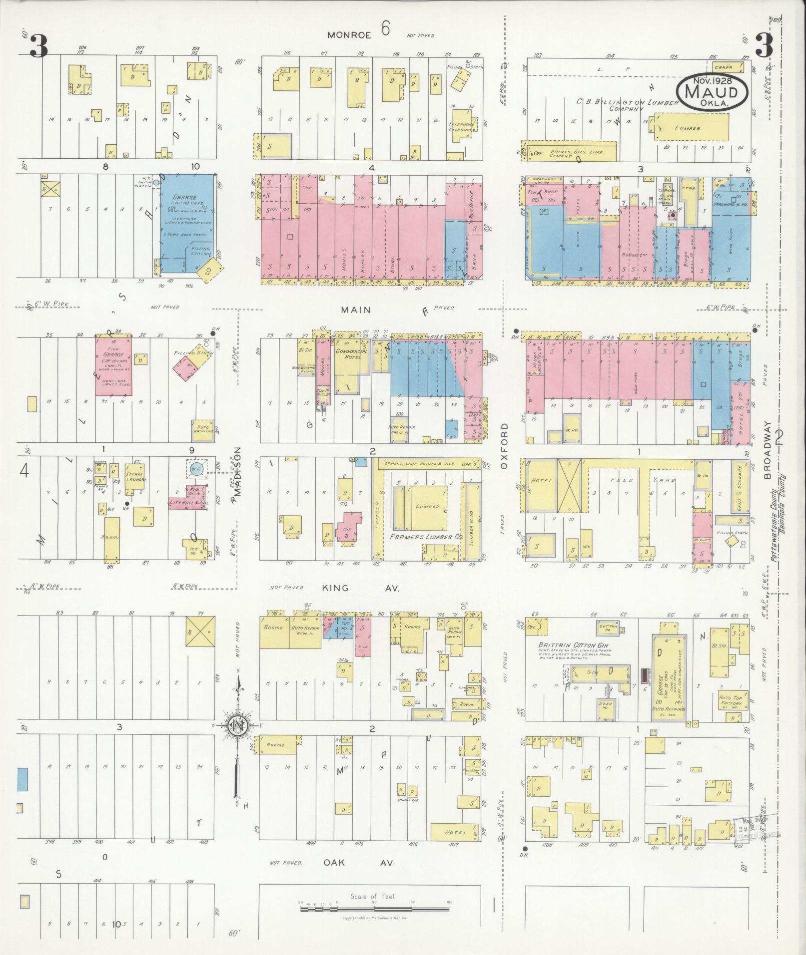 Sanborn Fire Insurance Map from Maud, Pottawatomie County, Oklahoma (1928), Sheet #0003 - Complete Map Set gallery image, historic Sanborn map, vintage wall art, Oklahoma Oklahoma