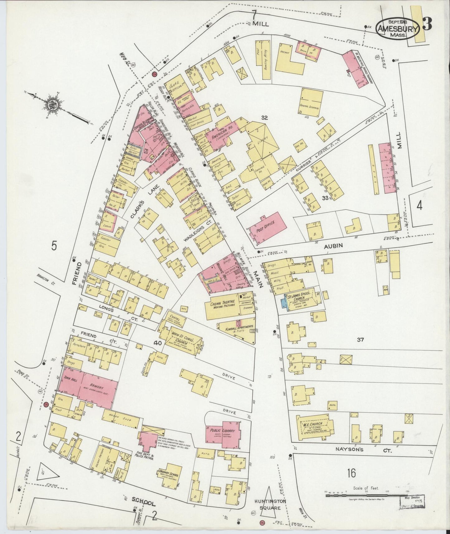 Sanborn Fire Insurance Map from Amesbury, Essex County, Massachusetts (1918), Sheet #0003 - Historic Sanborn Fire Insurance Map Print, vintage old map wall art, antique decor, genealogy gift, Massachusetts Massachusetts map