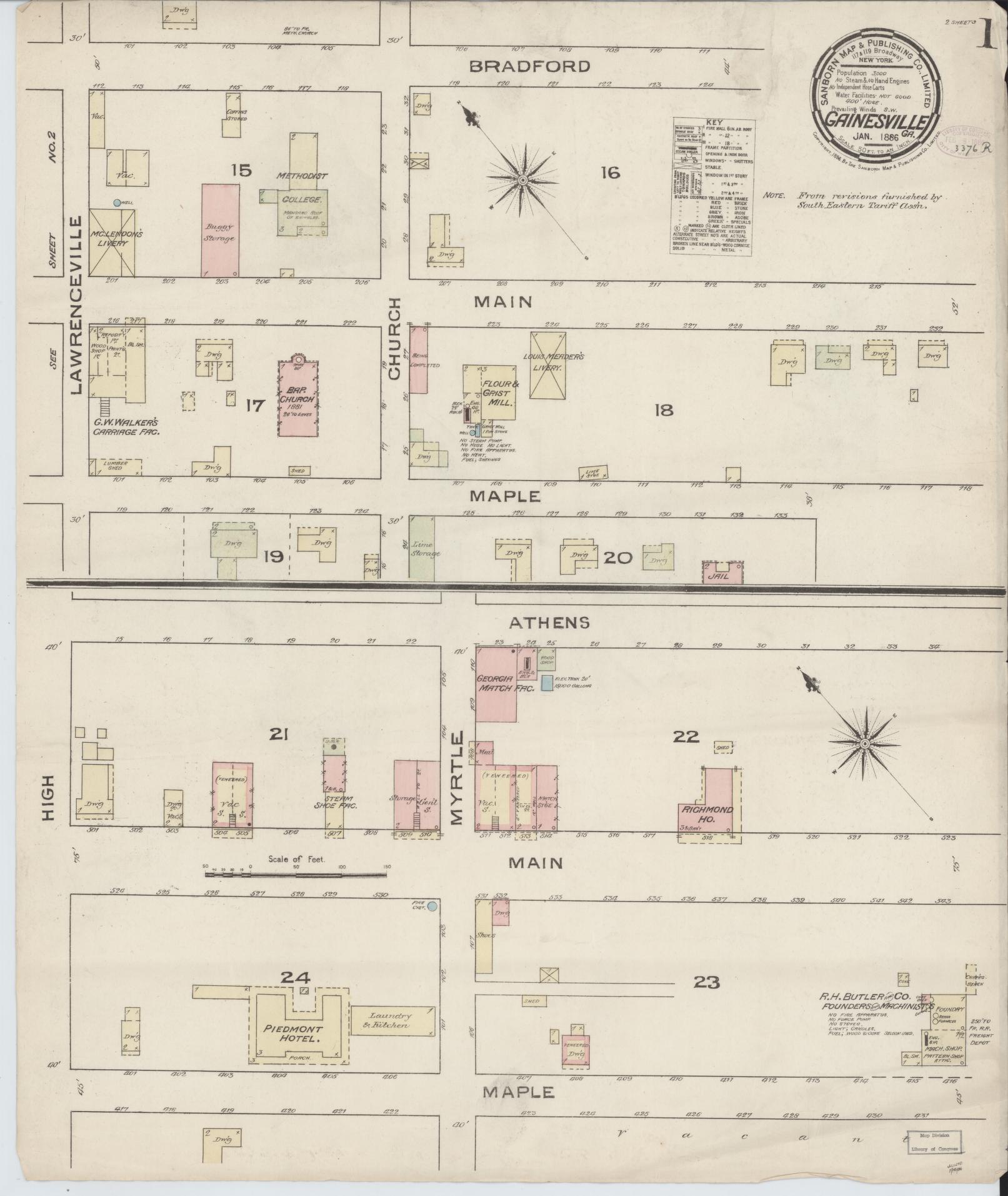 Sanborn Fire Insurance Map from Gainesville, Hall County, Georgia (1886), Sheet #0001 - Complete Map Set gallery image, historic Sanborn map, vintage wall art, Georgia Georgia