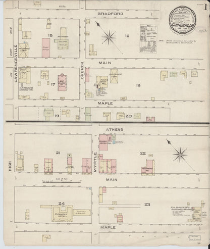 Sanborn Fire Insurance Map from Gainesville, Hall County, Georgia (1886), Sheet #0001 - Complete Map Set gallery image, historic Sanborn map, vintage wall art, Georgia Georgia