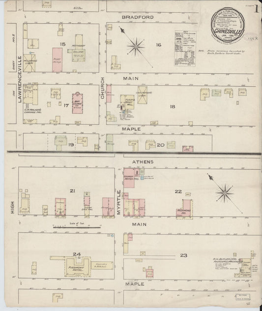Sanborn Fire Insurance Map from Gainesville, Hall County, Georgia (1886), Sheet #0001 - Complete Map Set gallery image, historic Sanborn map, vintage wall art, Georgia Georgia