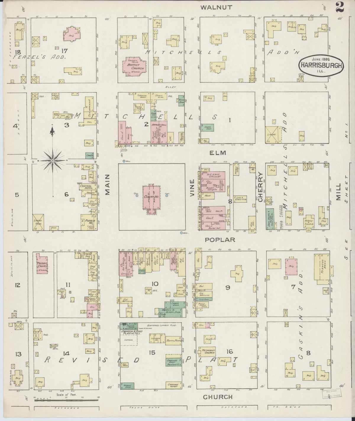 Sanborn Fire Insurance Map from Harrisburg, Saline County, Illinois (1886), Sheet #0002 - Complete Map Set gallery image, historic Sanborn map, vintage wall art, Illinois Illinois