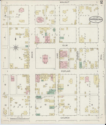 Sanborn Fire Insurance Map from Harrisburg, Saline County, Illinois (1886), Sheet #0002 - Complete Map Set gallery image, historic Sanborn map, vintage wall art, Illinois Illinois