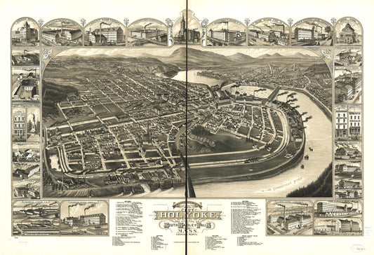 Bird's eye view of the 1881 city of Holyoke, and village of South Hadley Falls, Mass. (1881) – Historic Bird’s-Eye View Panorama Print