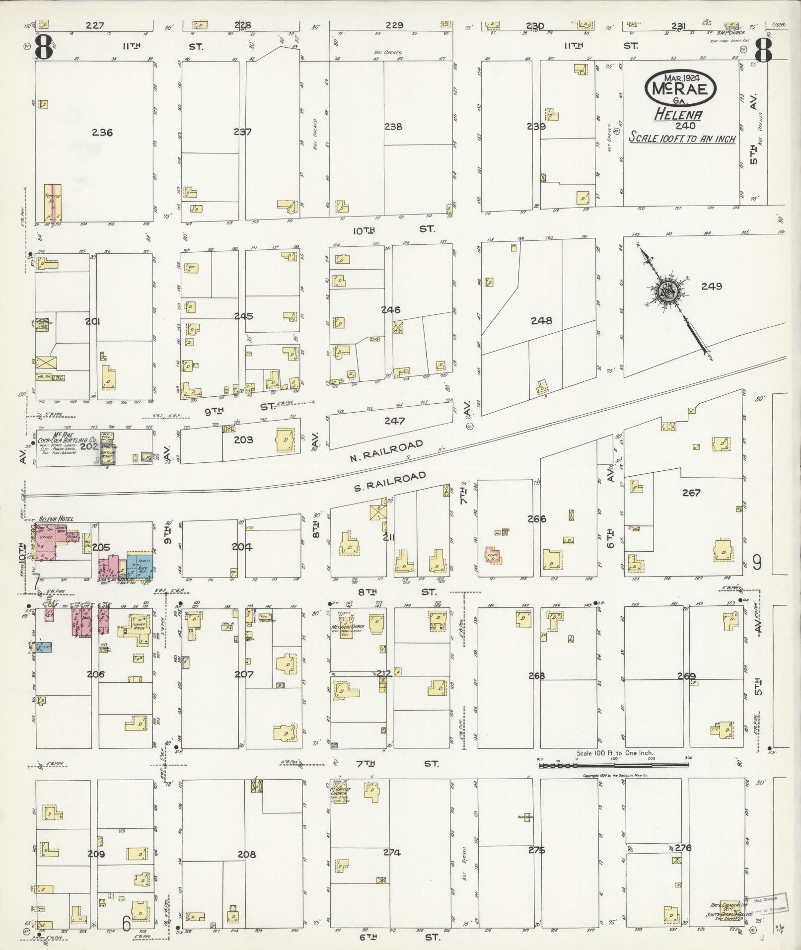 Sanborn Fire Insurance Map from Mcrae, Telfair County, Georgia (1924), Sheet #0008 - Historic Sanborn Fire Insurance Map Print, vintage old map wall art, antique decor, genealogy gift, Georgia Georgia map