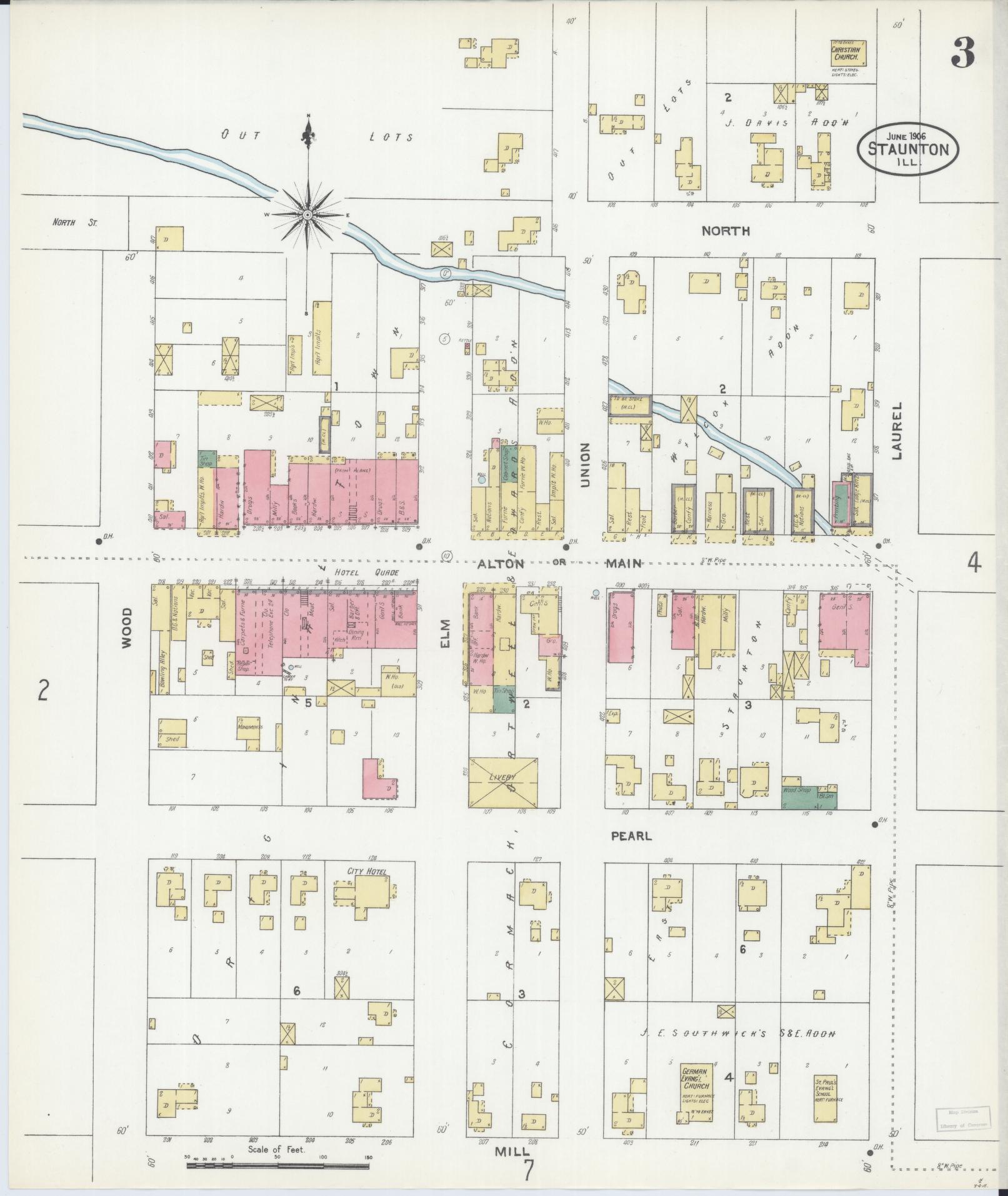 Sanborn Fire Insurance Map from Staunton, Macoupin County, Illinois (1906), Sheet #0003 - Historic Sanborn Fire Insurance Map Print, vintage old map wall art, antique decor, genealogy gift, Illinois Illinois map