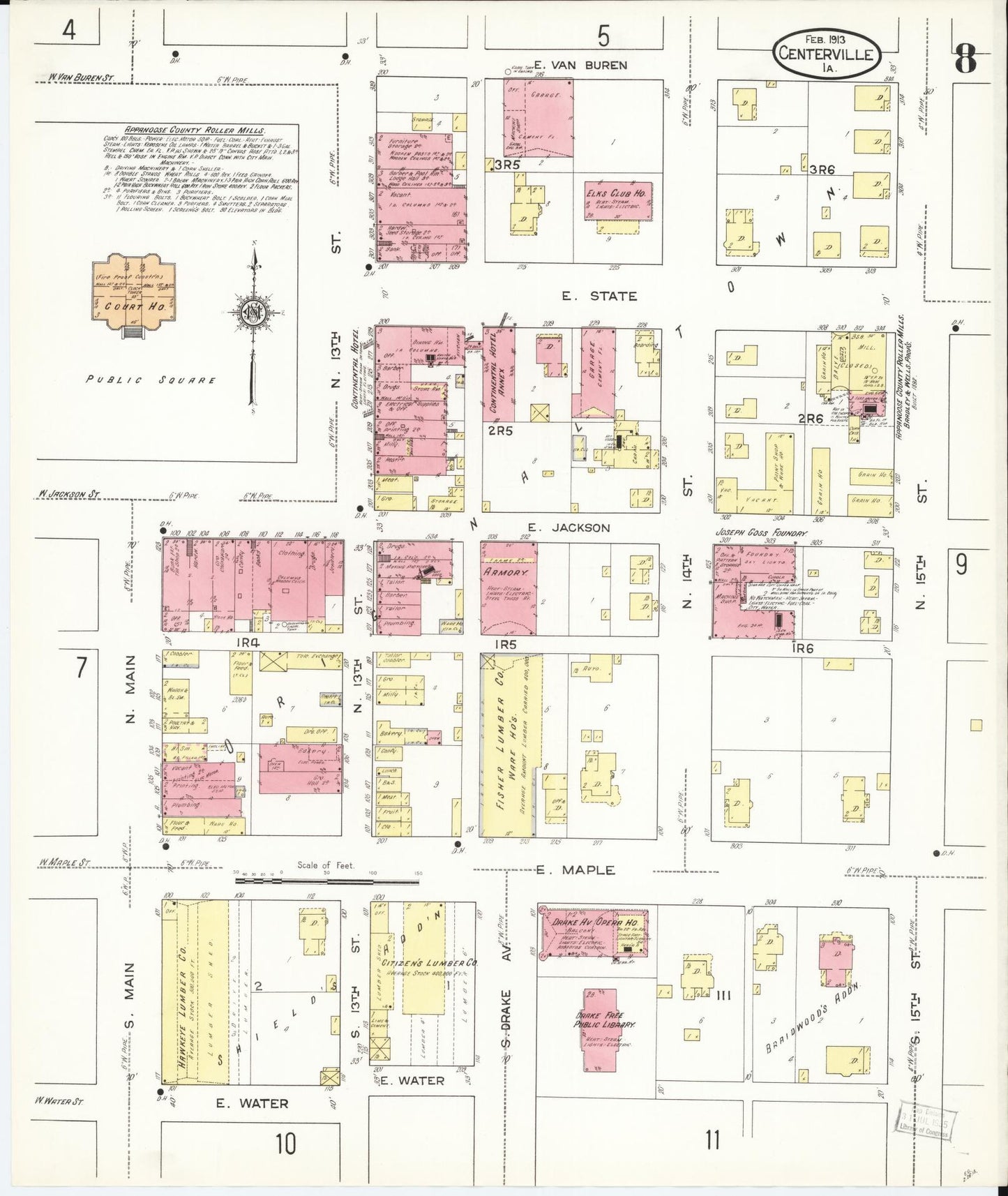 Sanborn Fire Insurance Map from Centerville, Appanoose County, Iowa (1913), Sheet #0008 - Historic Sanborn Fire Insurance Map Print, vintage old map wall art