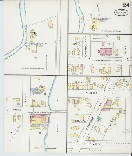 Sanborn Fire Insurance Map from Jackson, Jackson County, Michigan (1893), Sheet #0024 - Historic Sanborn Fire Insurance Map Print, vintage old map wall art, antique decor, genealogy gift, Michigan Michigan map