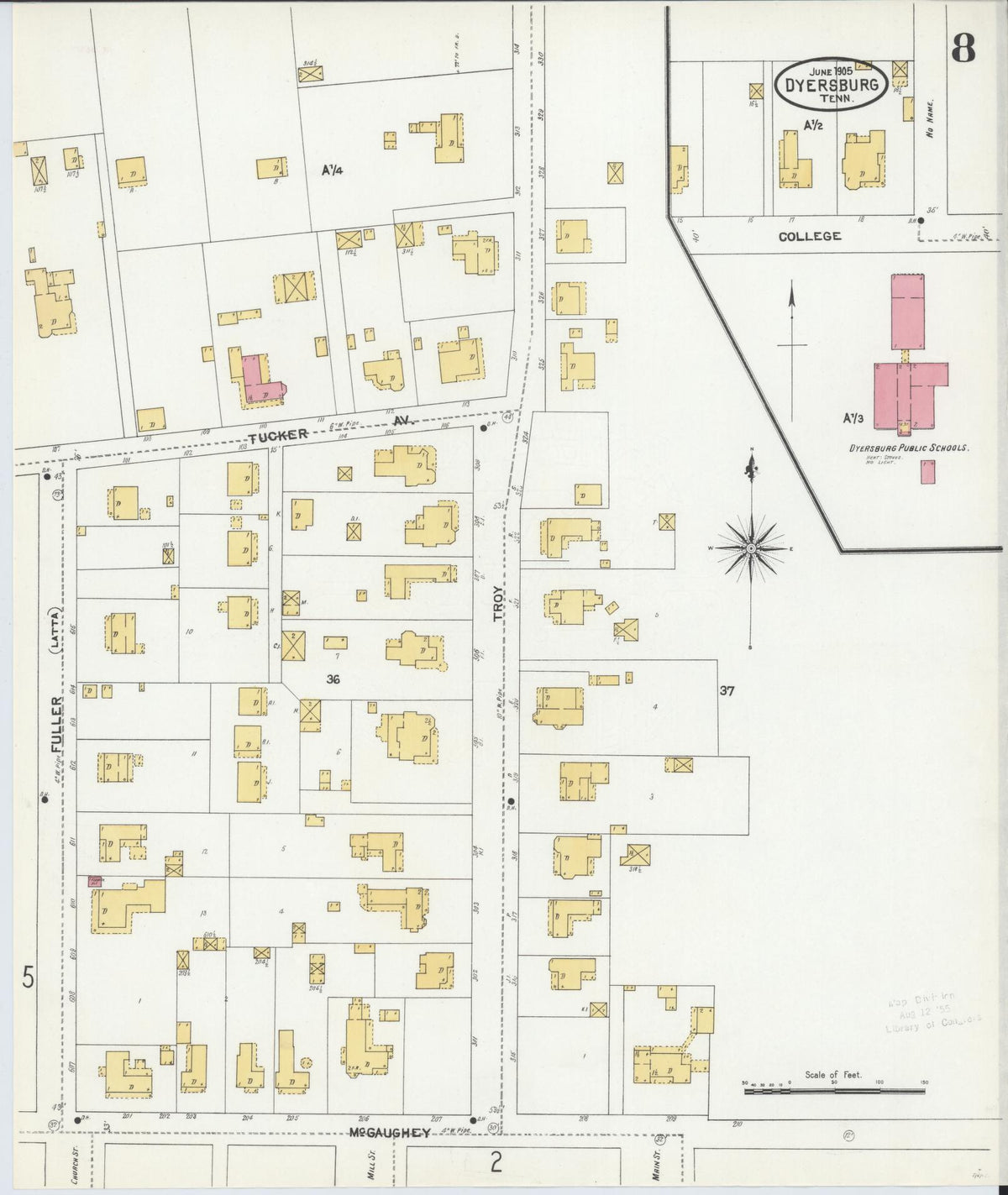 Sanborn Fire Insurance Map from Dyersburg, Dyer County, Tennessee (1905), Sheet #0008 - Historic Sanborn Fire Insurance Map Print, vintage old map wall art, antique decor, genealogy gift, Tennessee Tennessee map