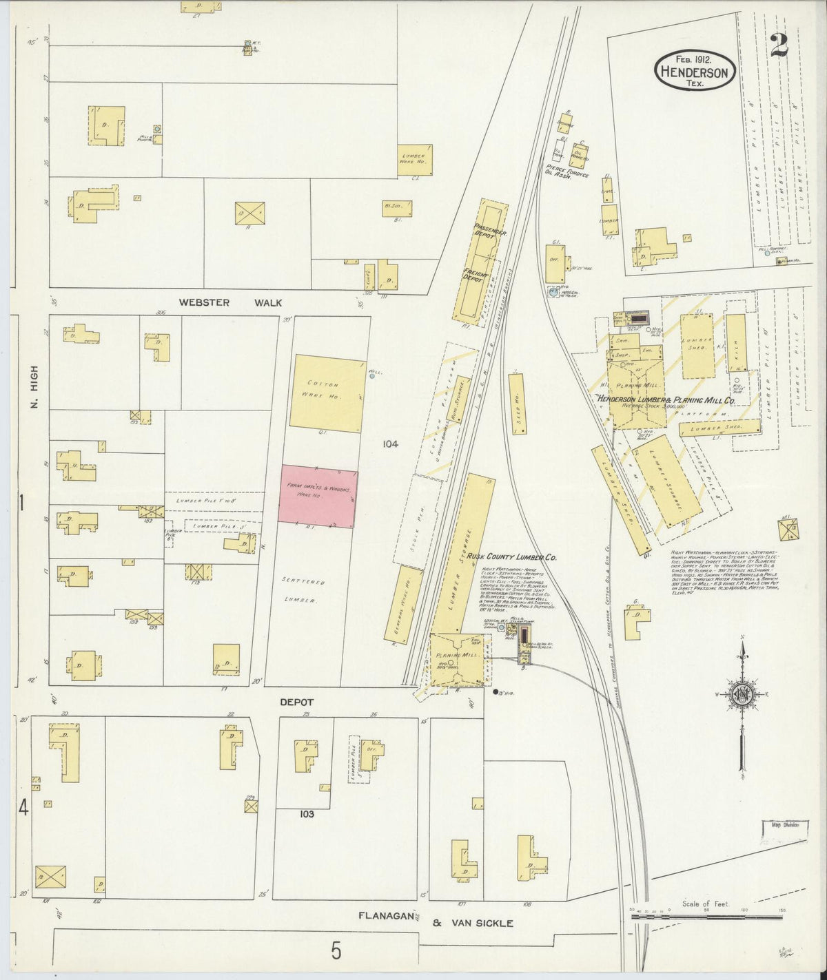 Sanborn Fire Insurance Map from Henderson, Rusk County, Texas (1912), Sheet #0002 - Historic Sanborn Fire Insurance Map Print, vintage old map wall art, antique decor, genealogy gift, Texas Texas map