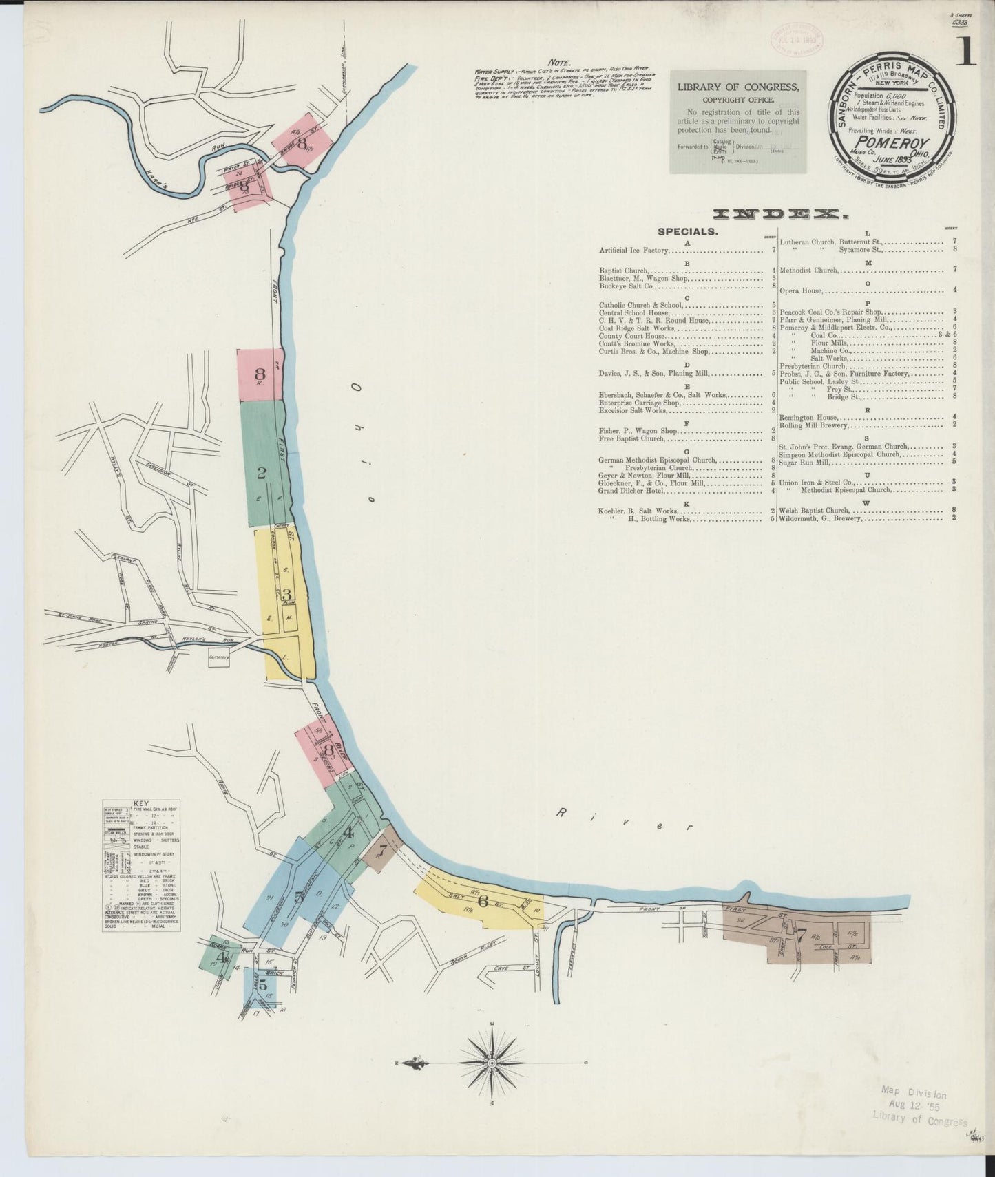 Sanborn Fire Insurance Map from Pomeroy, Meigs County, Ohio (1893), Sheet #0001 - Complete Map Set gallery image, historic Sanborn map, vintage wall art, Ohio Ohio