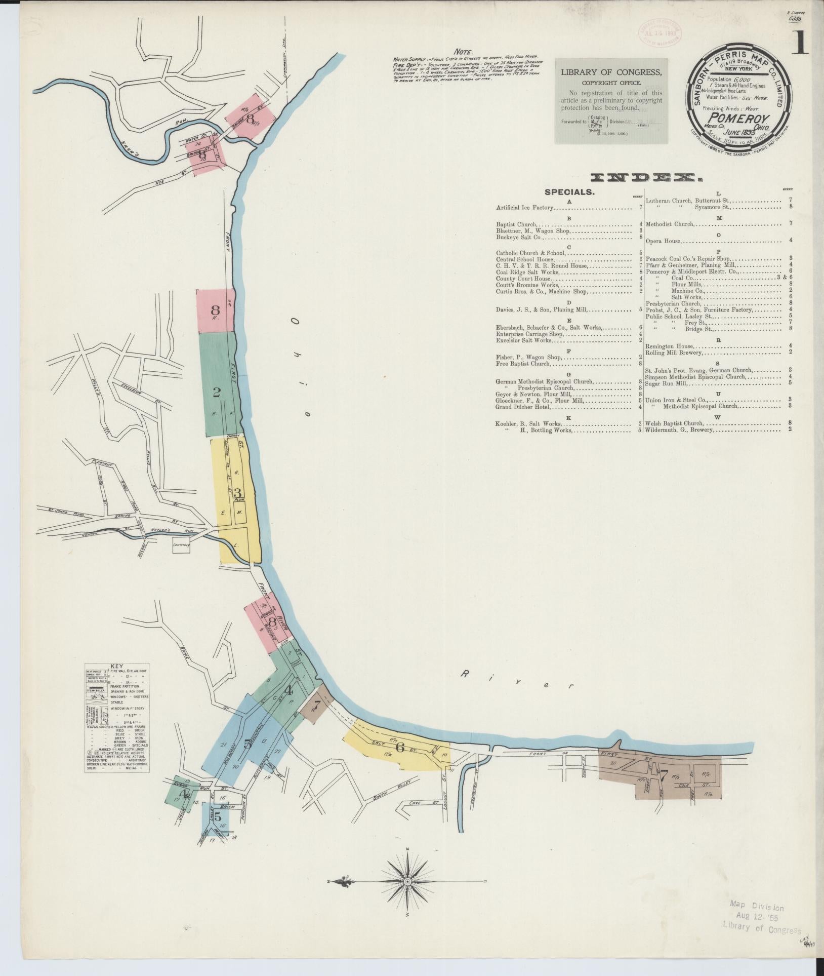 Sanborn Fire Insurance Map from Pomeroy, Meigs County, Ohio (1893), Sheet #0001 - Complete Map Set gallery image, historic Sanborn map, vintage wall art, Ohio Ohio