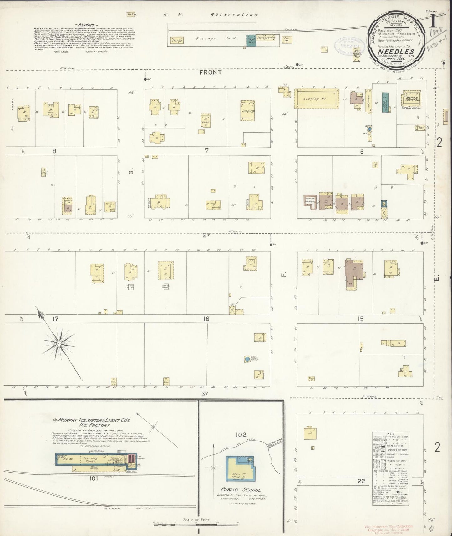 Sanborn Fire Insurance Map from Needles, San Bernardino County, California (1898), Sheet #0001 - Historic Sanborn Fire Insurance Map Print, vintage old map wall art, antique decor, genealogy gift, California California map