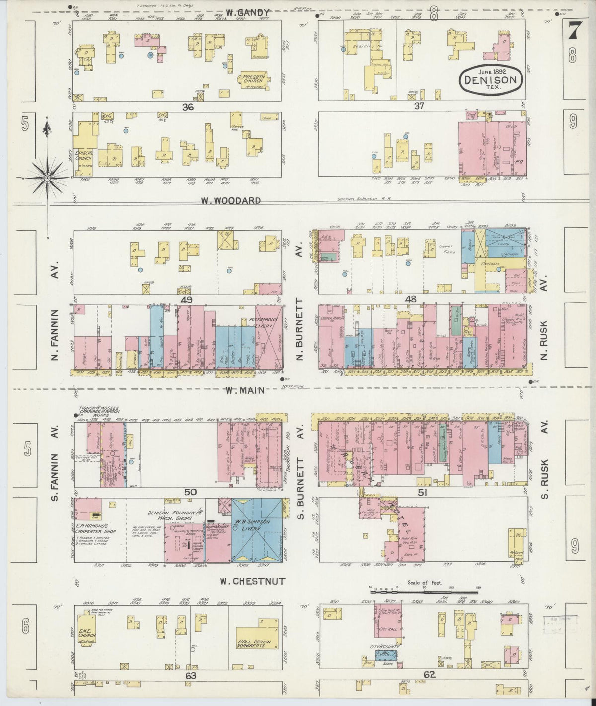 Sanborn Fire Insurance Map from Denison, Grayson County, Texas (1892), Sheet #0007 - Historic Sanborn Fire Insurance Map Print, vintage old map wall art, antique decor, genealogy gift, Texas Texas map