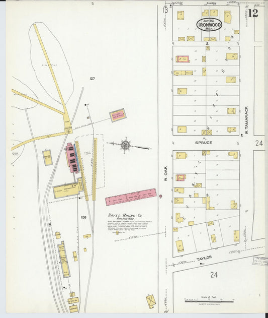 Sanborn Fire Insurance Map from Ironwood, Gogebic County, Michigan (1921), Sheet #0012 - Historic Sanborn Fire Insurance Map Print, vintage old map wall art, antique decor, genealogy gift, Michigan Michigan map