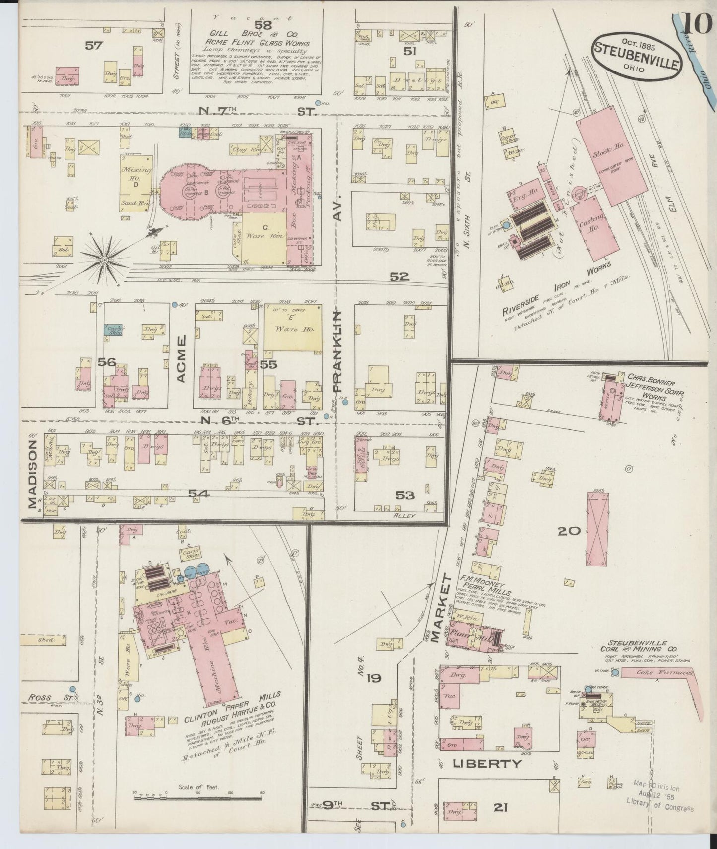 Sanborn Fire Insurance Map from Steubenville, Jefferson County, Ohio (1885), Sheet #0010 - Historic Sanborn Fire Insurance Map Print, vintage old map wall art, antique decor, genealogy gift, Ohio Ohio map