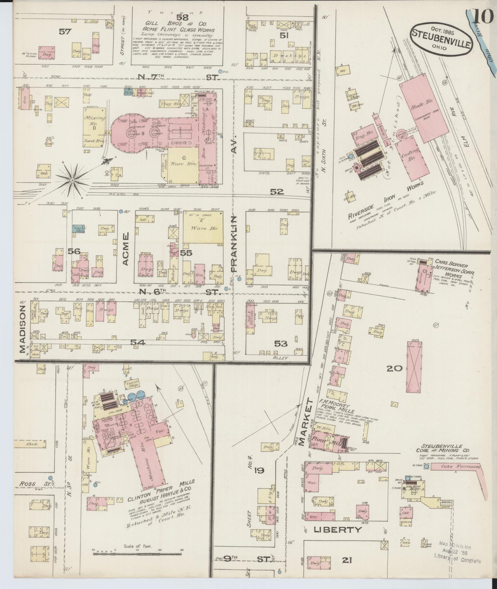 Sanborn Fire Insurance Map from Steubenville, Jefferson County, Ohio (1885), Sheet #0010 - Historic Sanborn Fire Insurance Map Print, vintage old map wall art, antique decor, genealogy gift, Ohio Ohio map