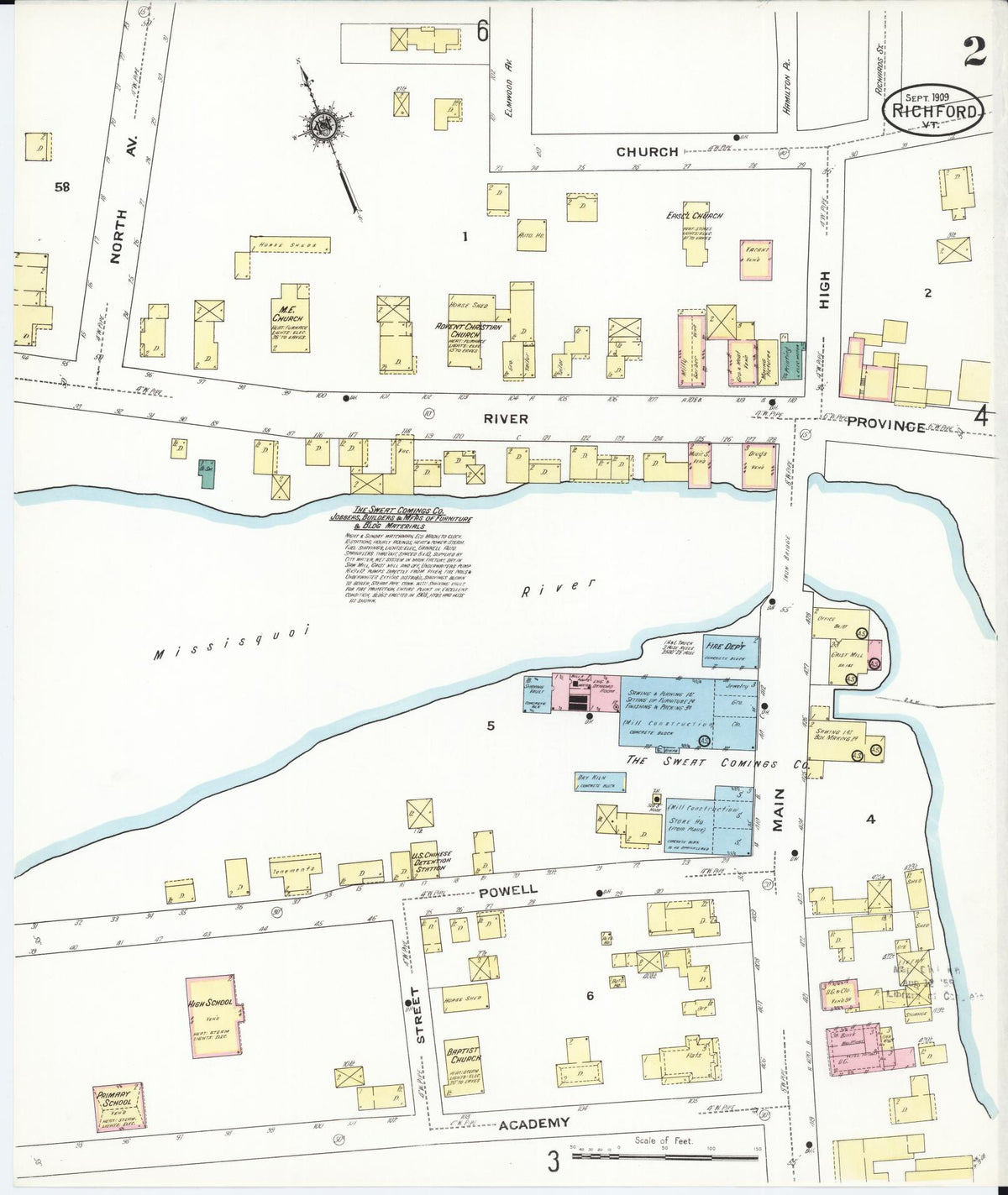 Sanborn Fire Insurance Map from Richford, Franklin County, Vermont (1909), Sheet #0002 - Complete Map Set gallery image, historic Sanborn map, vintage wall art, Vermont Vermont