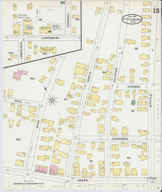 Sanborn Fire Insurance Map from Fitchburg, Worcester County, Massachusetts (1892), Sheet #0013 - Historic Sanborn Fire Insurance Map Print, vintage old map wall art, antique decor, genealogy gift, Massachusetts Massachusetts map