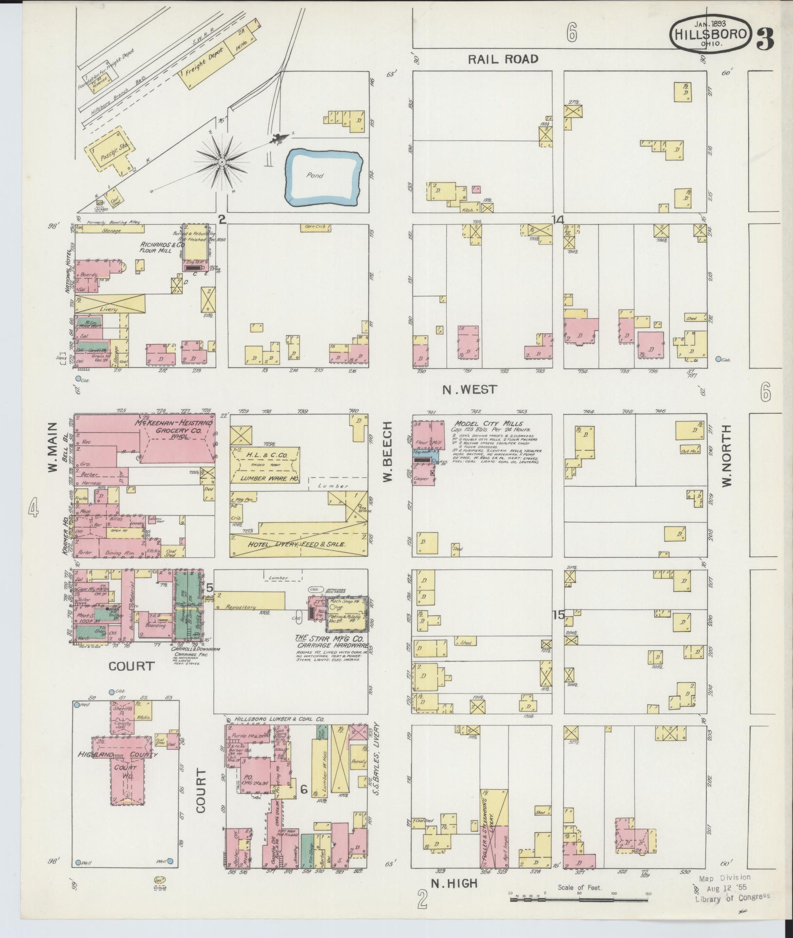 Sanborn Fire Insurance Map from Hillsboro, Highland County, Ohio (1893), Sheet #0003 - Historic Sanborn Fire Insurance Map Print, vintage old map wall art, antique decor, genealogy gift, Ohio Ohio map