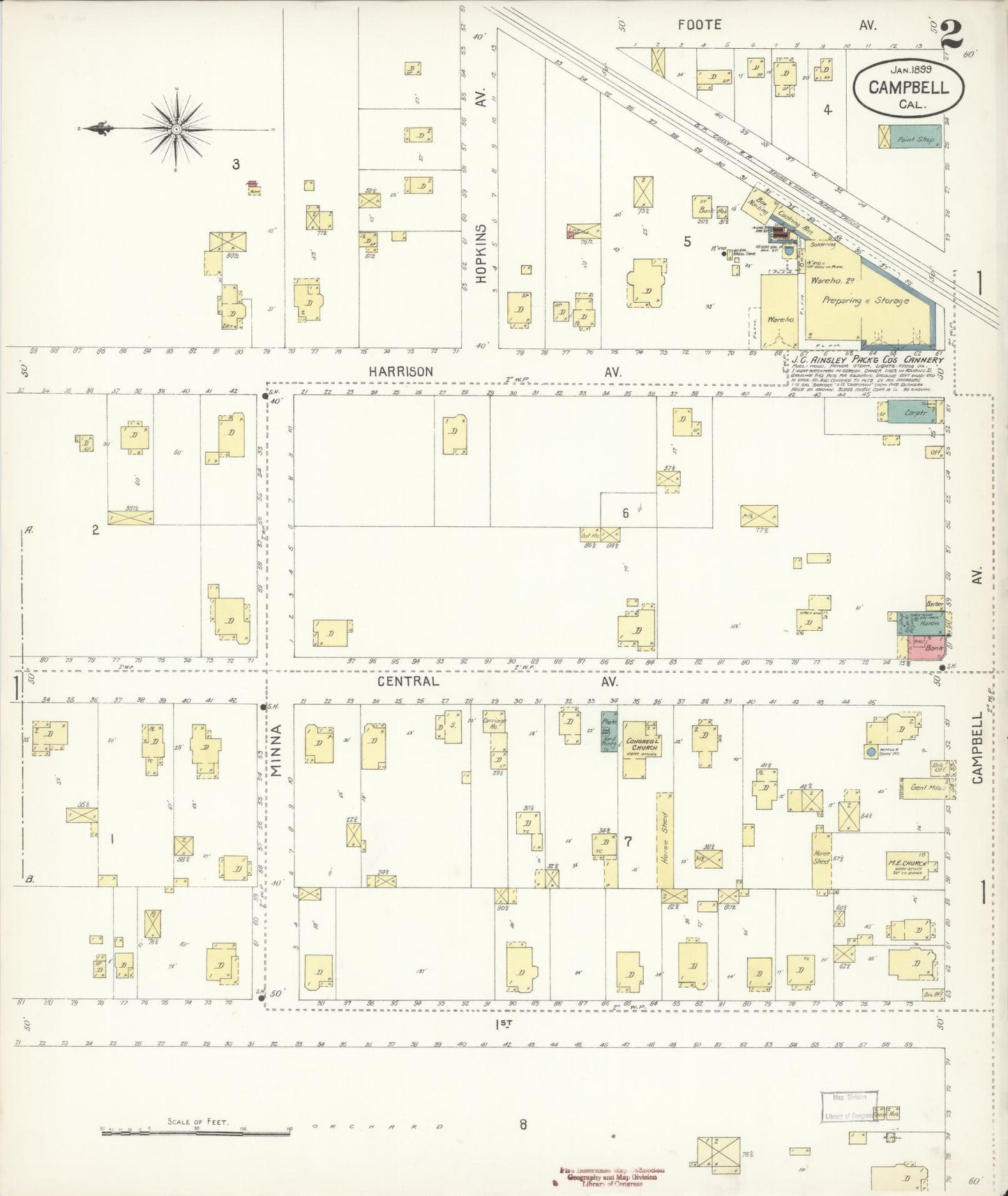 Sanborn Fire Insurance Map from Campbell, Santa Clara County, California (1899), Sheet #0002 - Historic Sanborn Fire Insurance Map Print, vintage old map wall art, antique decor, genealogy gift, California California map