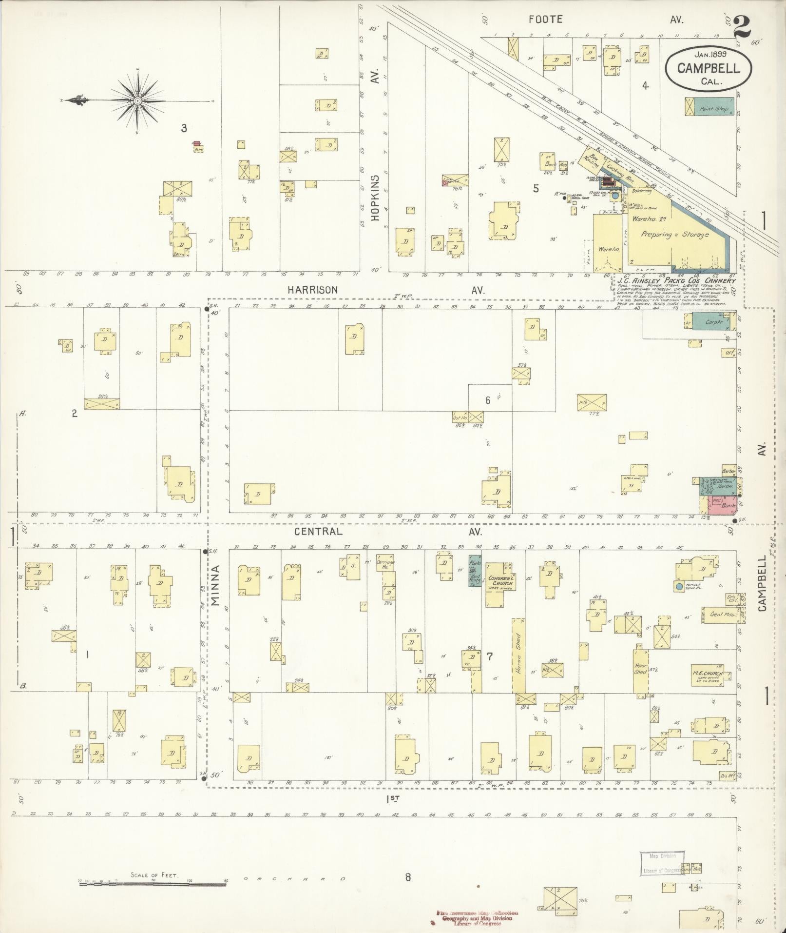 Sanborn Fire Insurance Map from Campbell, Santa Clara County, California (1899), Sheet #0002 - Historic Sanborn Fire Insurance Map Print, vintage old map wall art, antique decor, genealogy gift, California California map