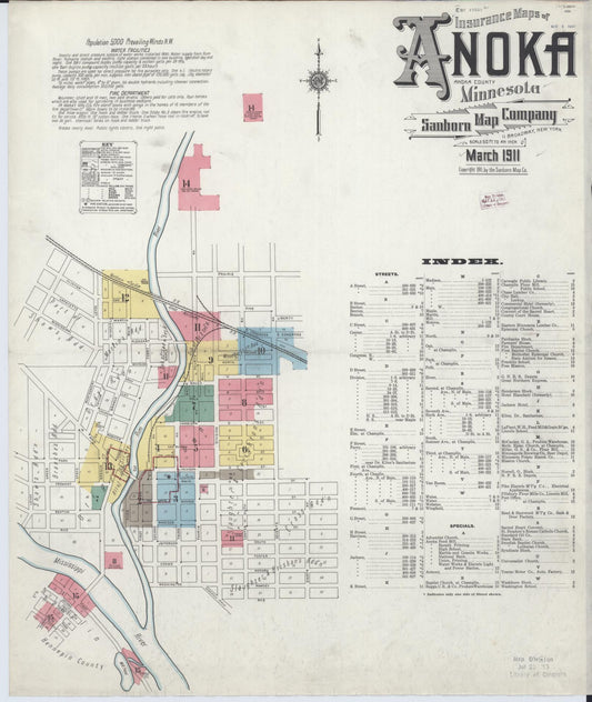 Sanborn Fire Insurance Map from Anoka, Anoka County, Minnesota (1911), Sheet #0001 - Historic Sanborn Fire Insurance Map Print, vintage old map wall art, antique decor, genealogy gift, Minnesota Minnesota map