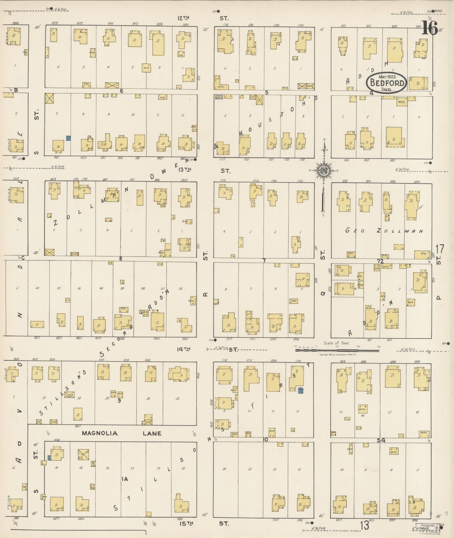 Sanborn Fire Insurance Map from Bedford, Lawrence County, Indiana (1922), Sheet #0016 - Historic Sanborn Fire Insurance Map Print, vintage old map wall art, antique decor, genealogy gift, Indiana Indiana map