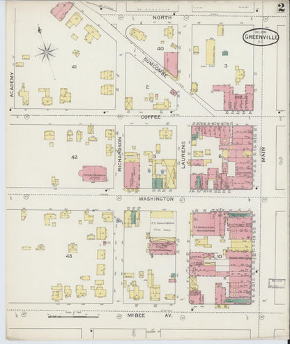 Sanborn Fire Insurance Map from Greenville, Greenville County, South Carolina (1893), Sheet #0002 - Complete Map Set gallery image, historic Sanborn map, vintage wall art, South Carolina South Carolina
