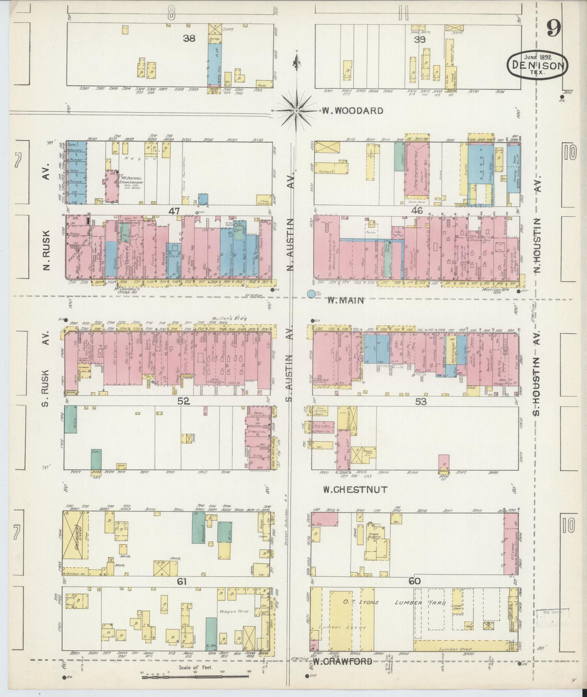 Sanborn Fire Insurance Map from Denison, Grayson County, Texas (1892), Sheet #0009 - Historic Sanborn Fire Insurance Map Print, vintage old map wall art, antique decor, genealogy gift, Texas Texas map