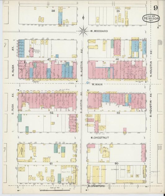 Sanborn Fire Insurance Map from Denison, Grayson County, Texas (1892), Sheet #0009 - Historic Sanborn Fire Insurance Map Print, vintage old map wall art, antique decor, genealogy gift, Texas Texas map