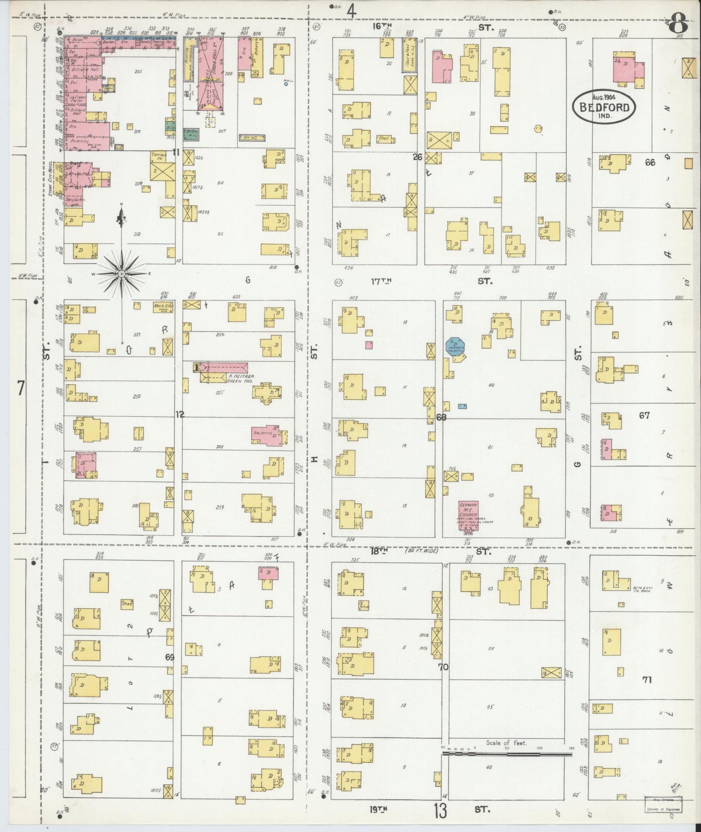 Sanborn Fire Insurance Map from Bedford, Lawrence County, Indiana (1904), Sheet #0008 - Complete Map Set gallery image, historic Sanborn map, vintage wall art, Indiana Indiana