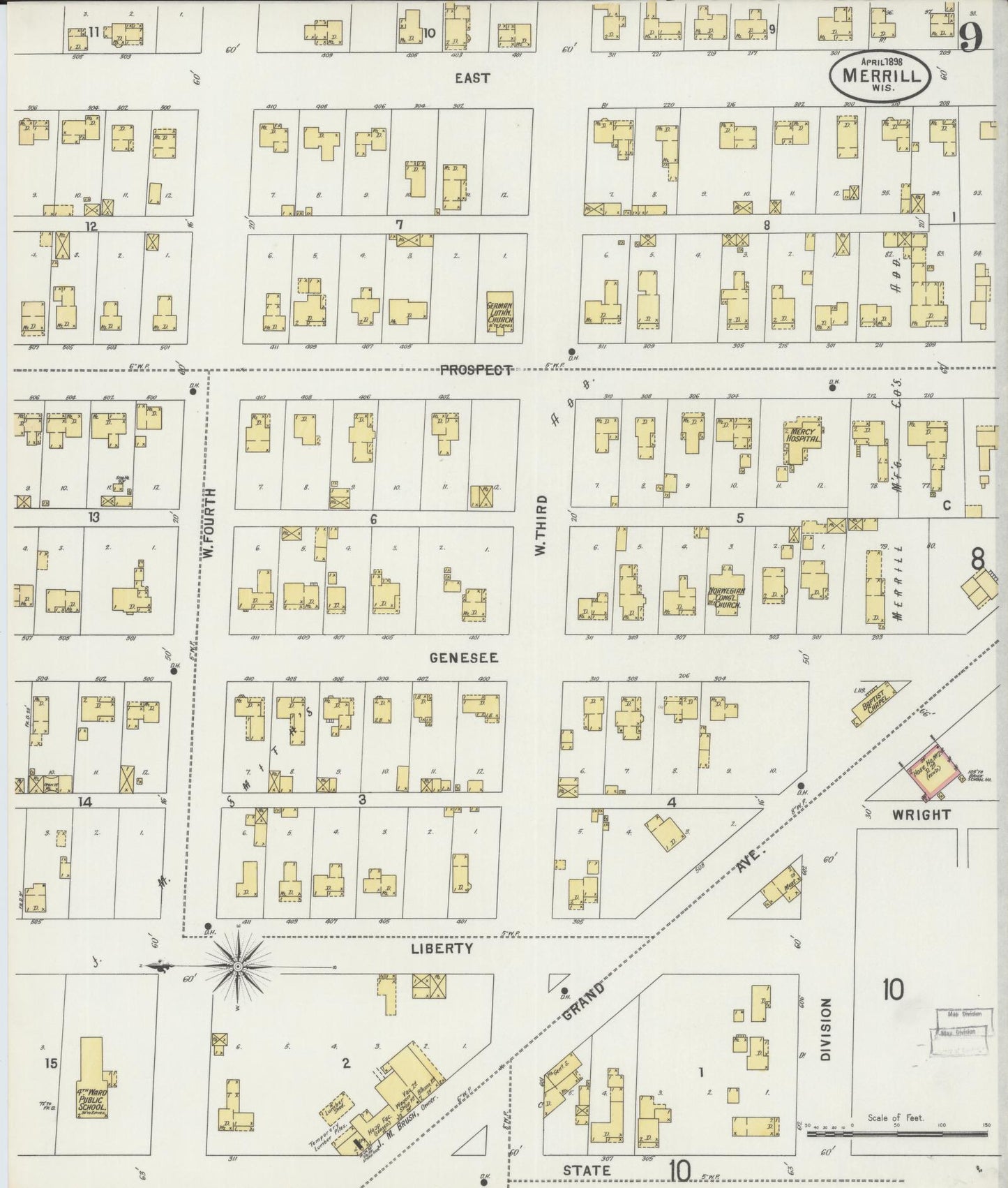 Sanborn Fire Insurance Map from Merrill, Lincoln County, Wisconsin (1898), Sheet #0009 - Complete Map Set gallery image, historic Sanborn map, vintage wall art, Wisconsin Wisconsin