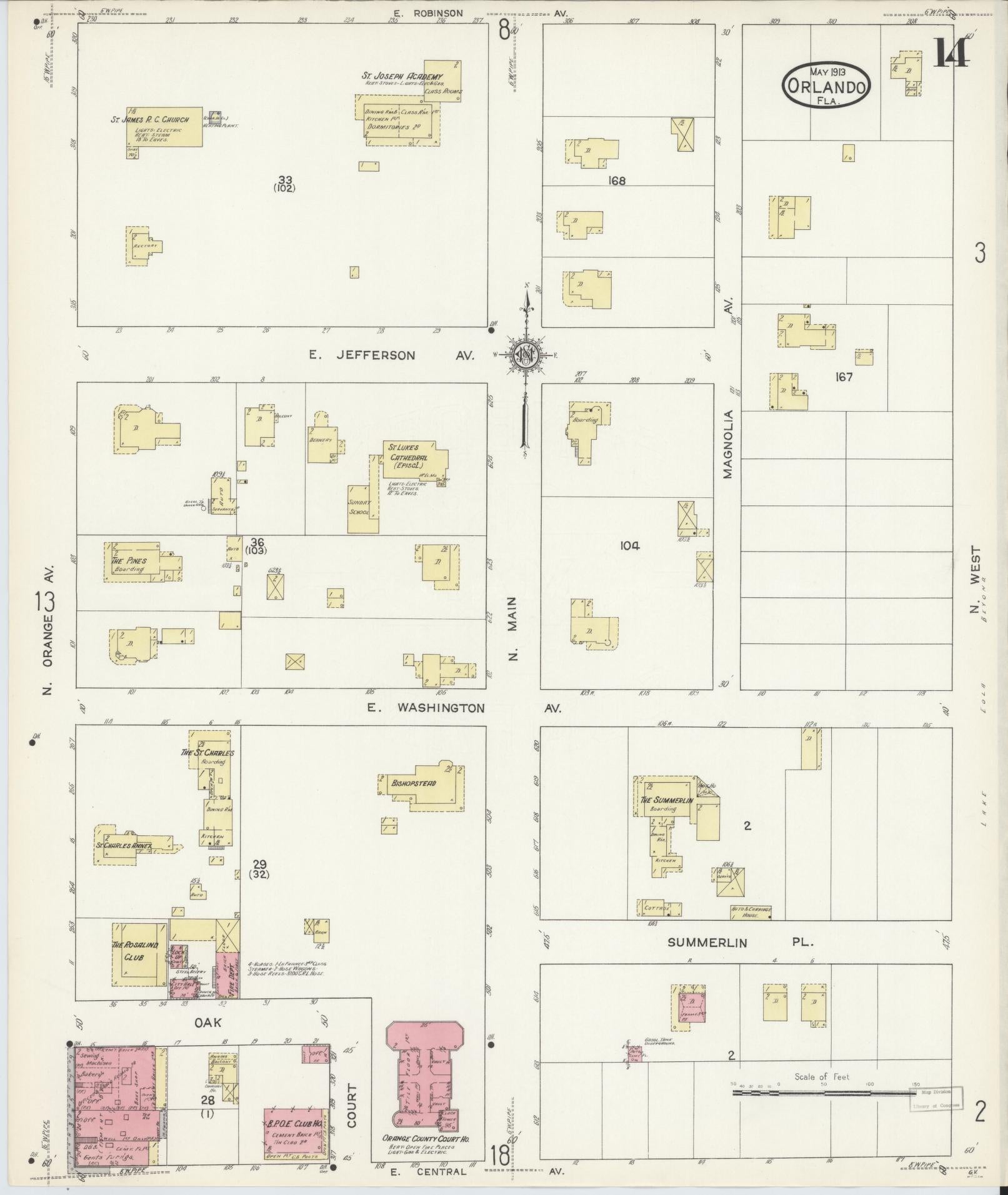 Sanborn Fire Insurance Map from Orlando, Orange County, Florida (1913), Sheet #0014 - Historic Sanborn Fire Insurance Map Print, vintage old map wall art, antique decor, genealogy gift, Florida Florida map