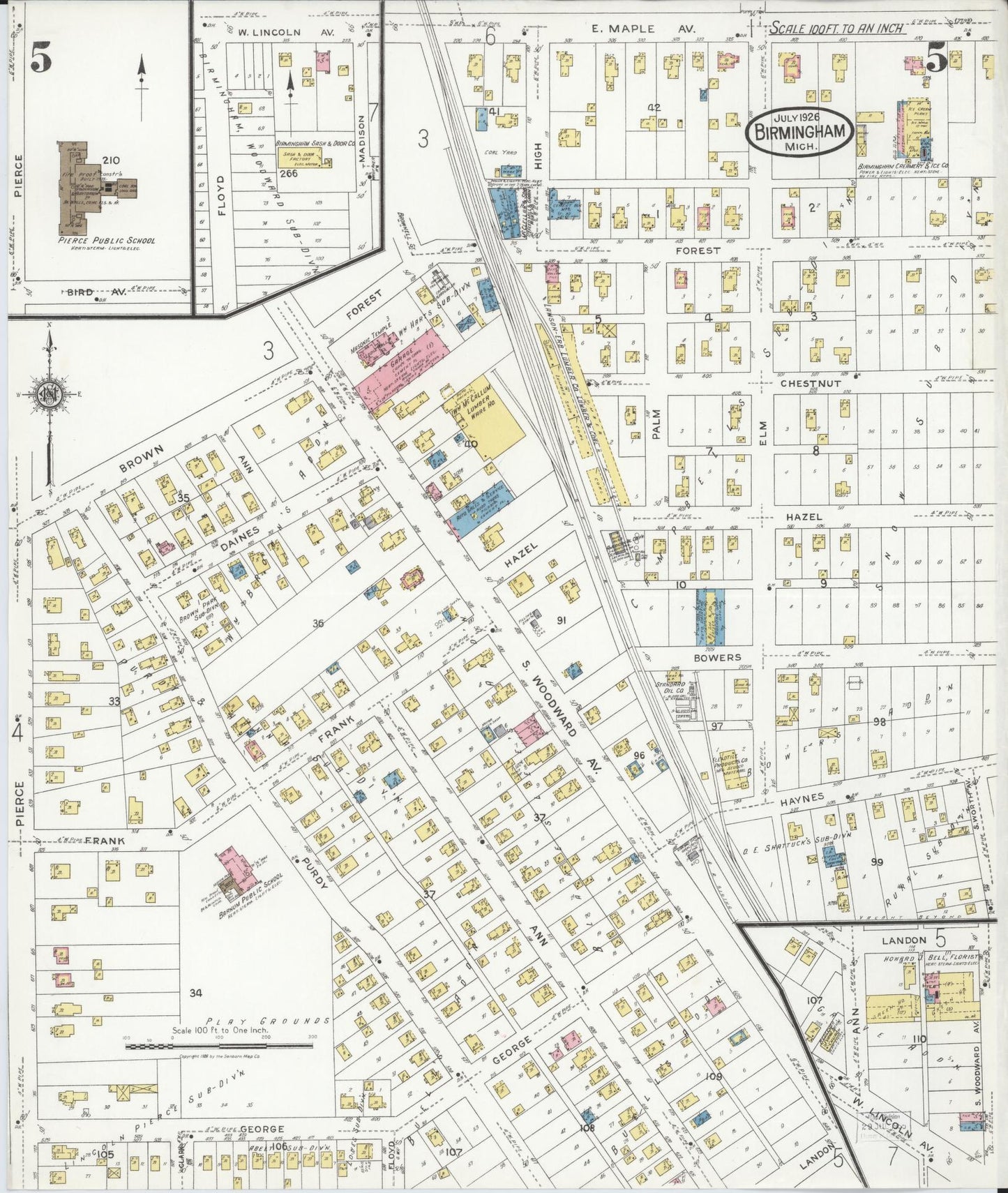 Sanborn Fire Insurance Map from Birmingham, Oakland County, Michigan (1926), Sheet #0005 - Complete Map Set gallery image, historic Sanborn map, vintage wall art, Michigan Michigan