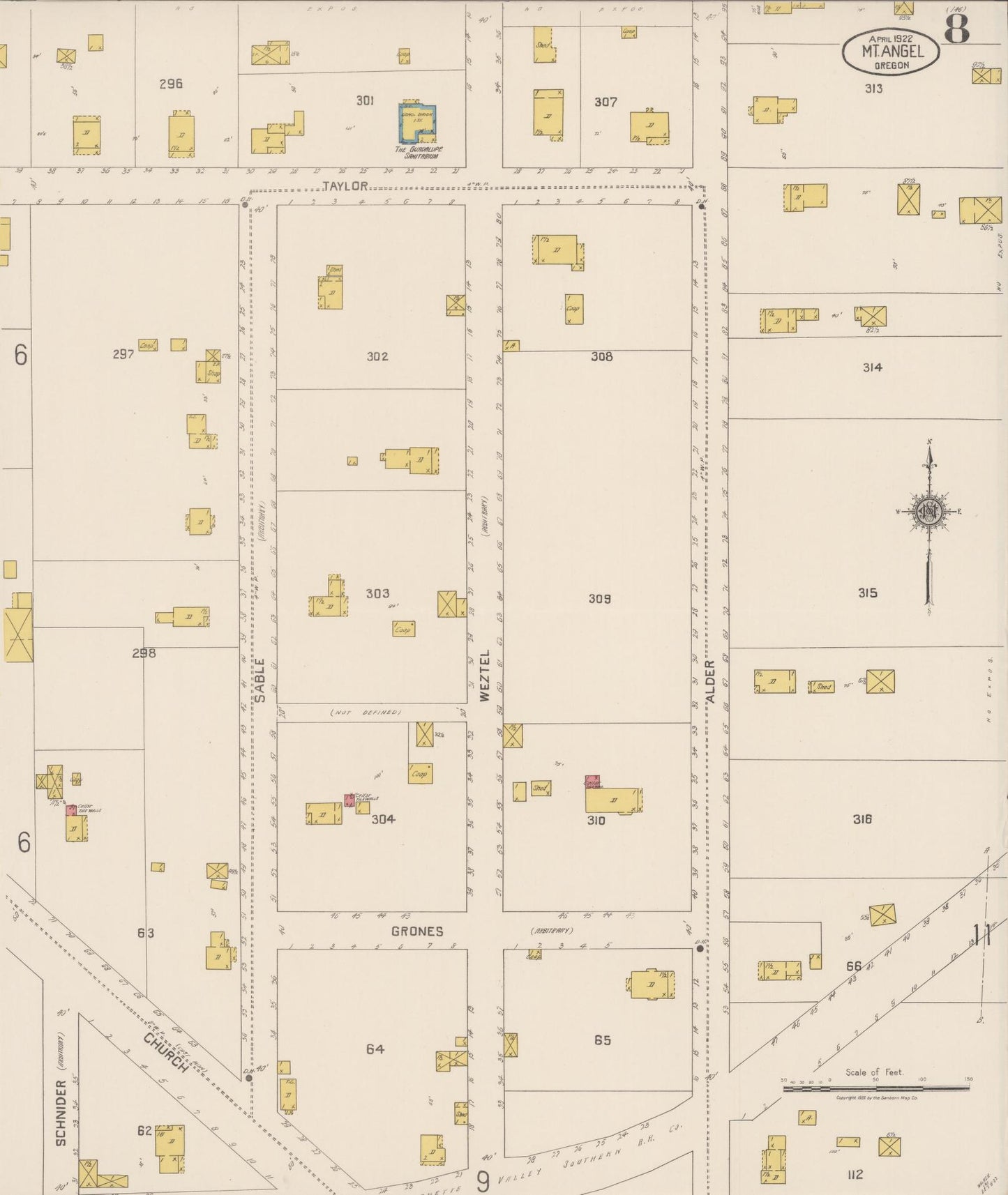 Sanborn Fire Insurance Map from Mount Angel, Marion County, Oregon (1922), Sheet #0008 - Complete Map Set gallery image, historic Sanborn map, vintage wall art, Oregon Oregon