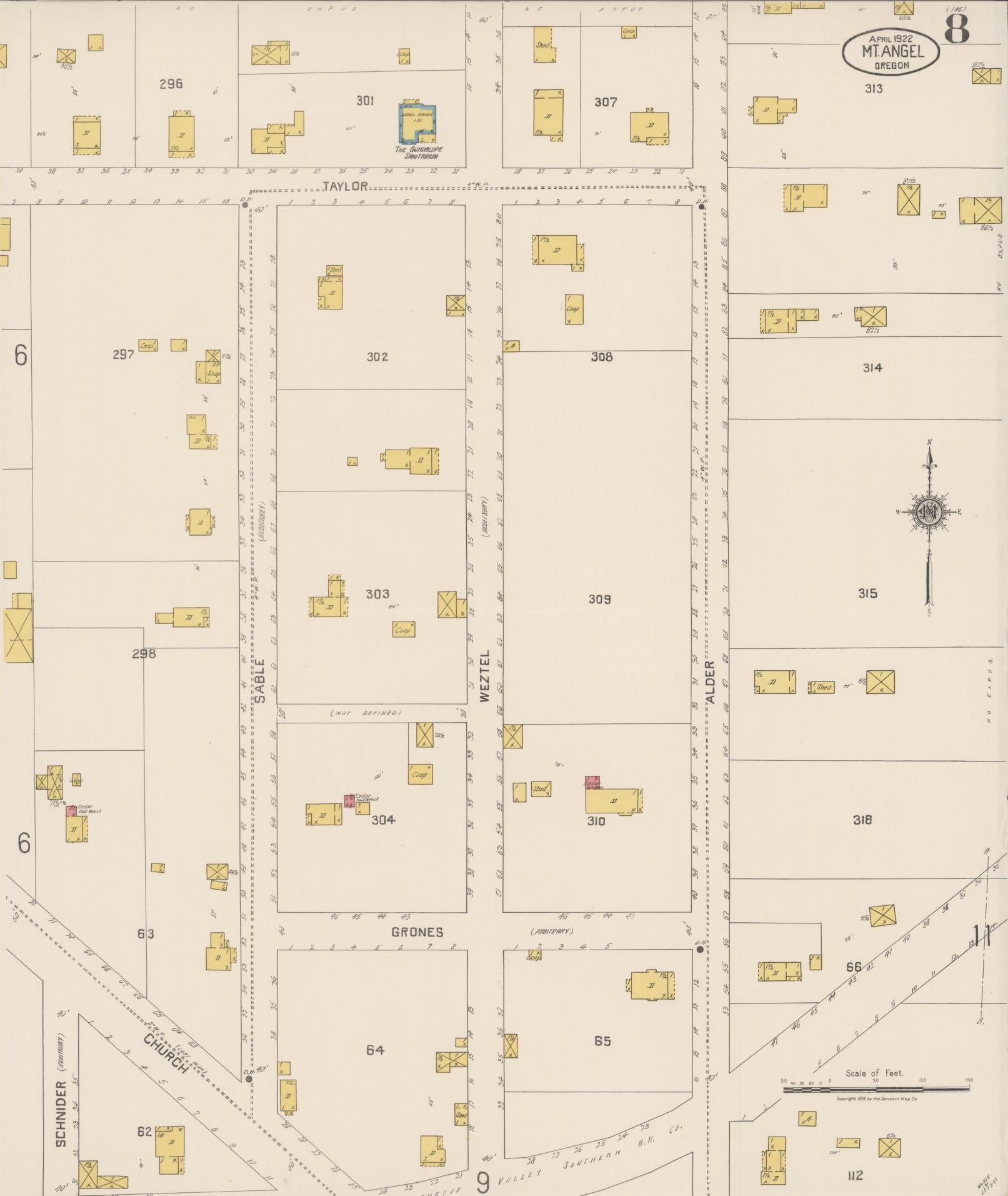 Sanborn Fire Insurance Map from Mount Angel, Marion County, Oregon (1922), Sheet #0008 - Complete Map Set gallery image, historic Sanborn map, vintage wall art, Oregon Oregon