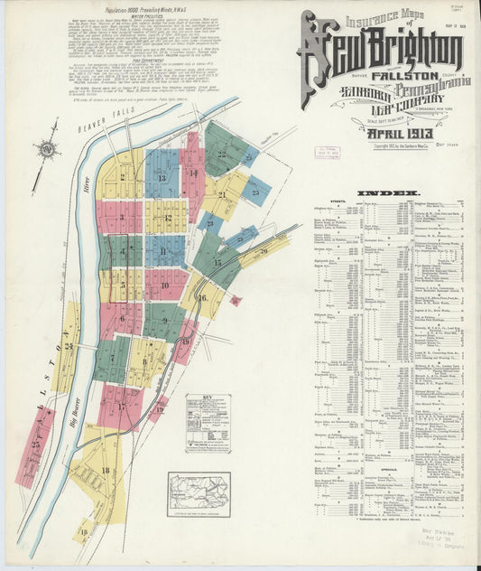 Sanborn Fire Insurance Map from New Brighton, Beaver County, Pennsylvania (1913), Sheet #0001 - Historic Sanborn Fire Insurance Map Print, vintage old map wall art, antique decor, genealogy gift, Pennsylvania Pennsylvania map