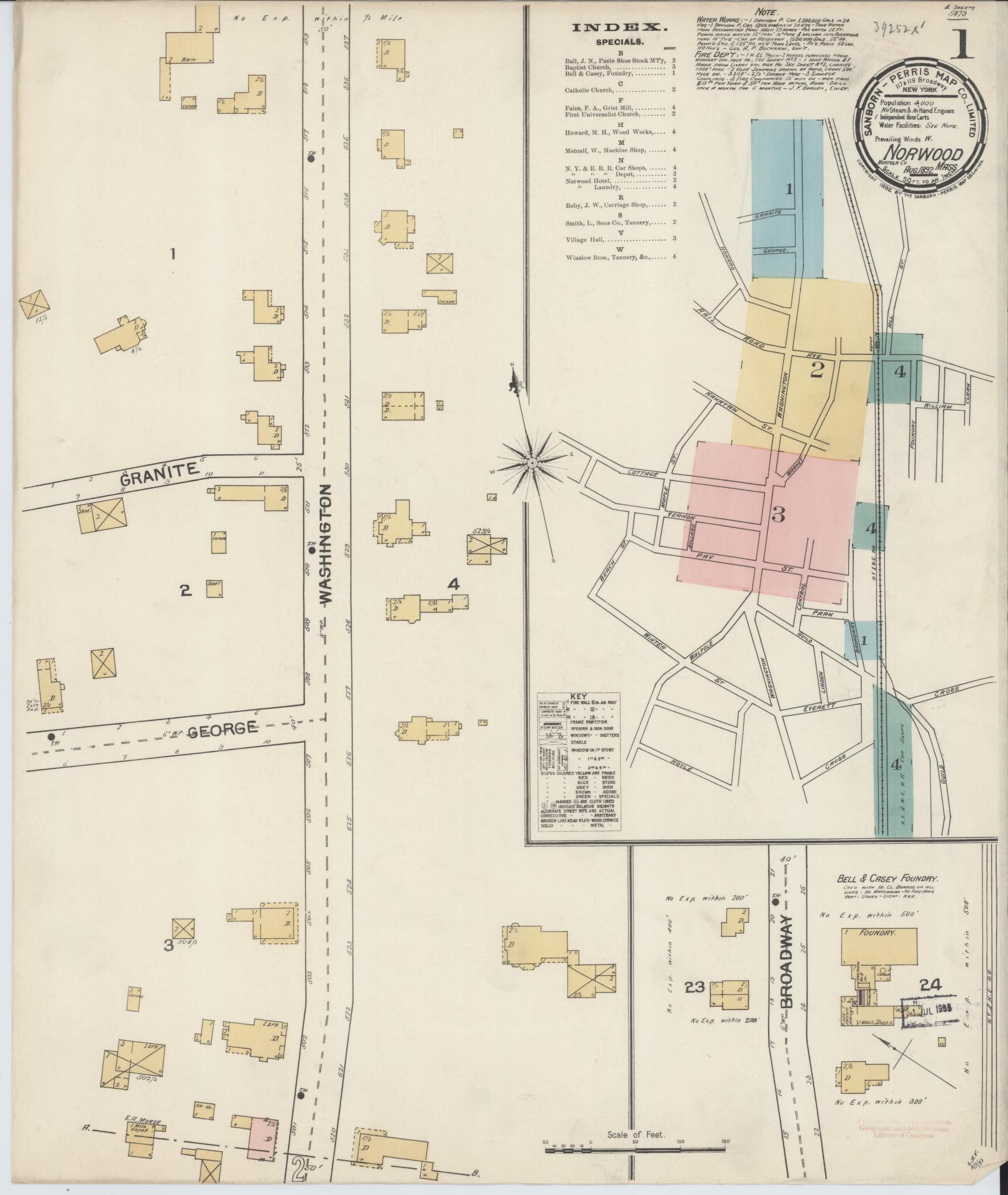 Sanborn Fire Insurance Map from Norwood, Norfolk County, Massachusetts (1892), Sheet #0001 - Historic Sanborn Fire Insurance Map Print, vintage old map wall art, antique decor, genealogy gift, Massachusetts Massachusetts map
