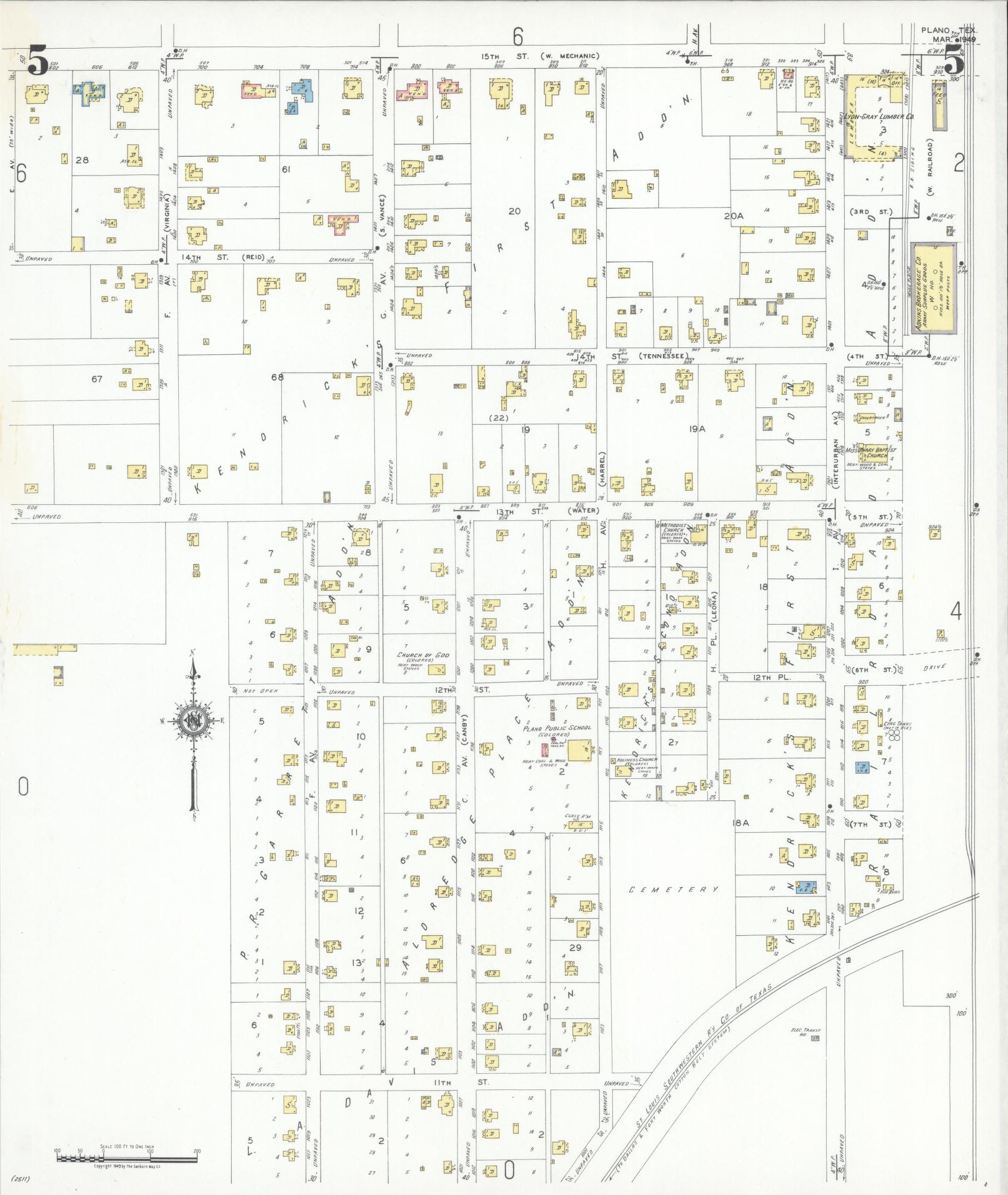 Sanborn Fire Insurance Map from Plano, Collin County, Texas (1949), Sheet #0005 - Historic Sanborn Fire Insurance Map Print, vintage old map wall art, antique decor, genealogy gift, Texas Texas map
