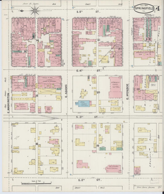 Sanborn Fire Insurance Map from Springfield, Sangamon County, Illinois (1890), Sheet #0004 - Historic Sanborn Fire Insurance Map Print, vintage old map wall art, antique decor, genealogy gift, Illinois Illinois map