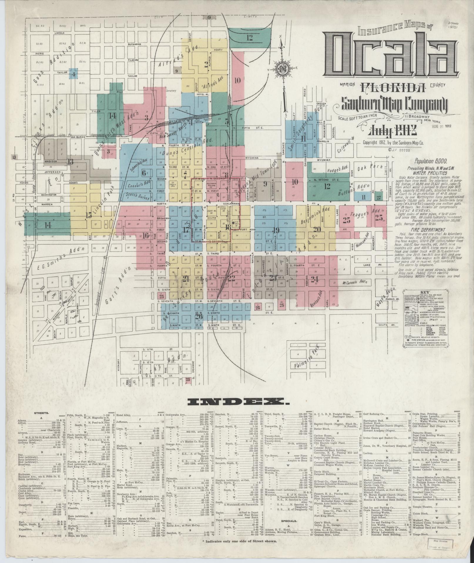 Sanborn Fire Insurance Map from Ocala, Marion County, Florida (1912), Sheet #0001 - Historic Sanborn Fire Insurance Map Print, vintage old map wall art, antique decor, genealogy gift, Florida Florida map