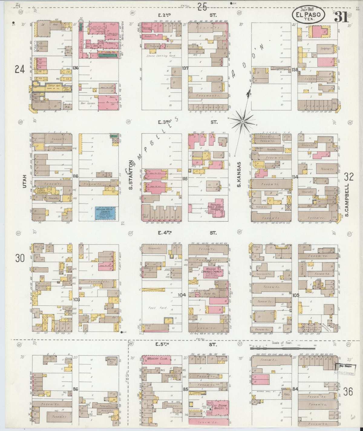 Sanborn Fire Insurance Map from El Paso, El Paso County, Texas (1905), Sheet #0031 - Historic Sanborn Fire Insurance Map Print, vintage old map wall art, antique decor, genealogy gift, Texas Texas map
